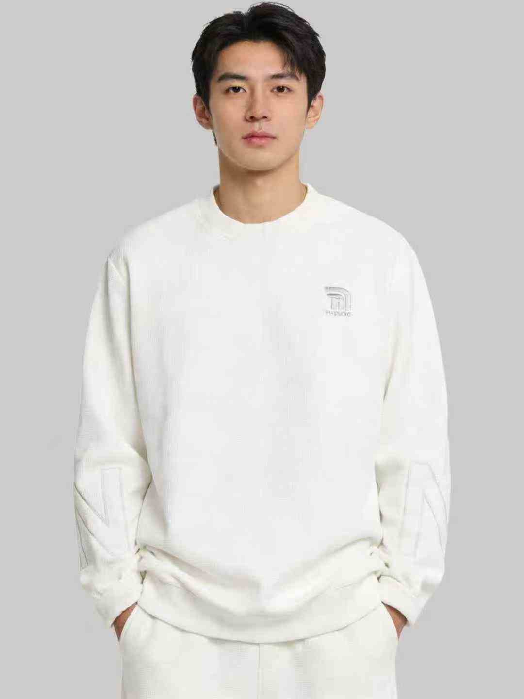 Men's fleece-lined warm waffle sweatshirt for spring and autumn